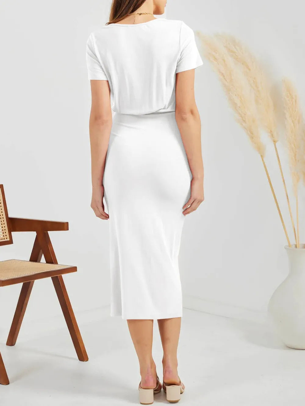 Ruched Slit V-Neck Short Sleeve Dress OutfitFlow