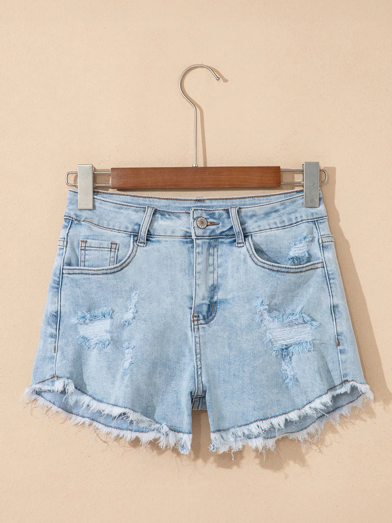 High Rise Distressed Raw Hem Denim Shorts OutfitFlow
