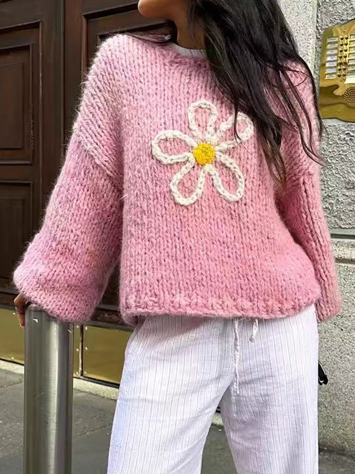 Flower Round Neck Dropped Shoulder Sweater OutfitFlow