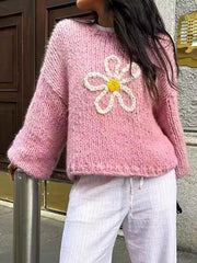 Flower Round Neck Dropped Shoulder Sweater OutfitFlow