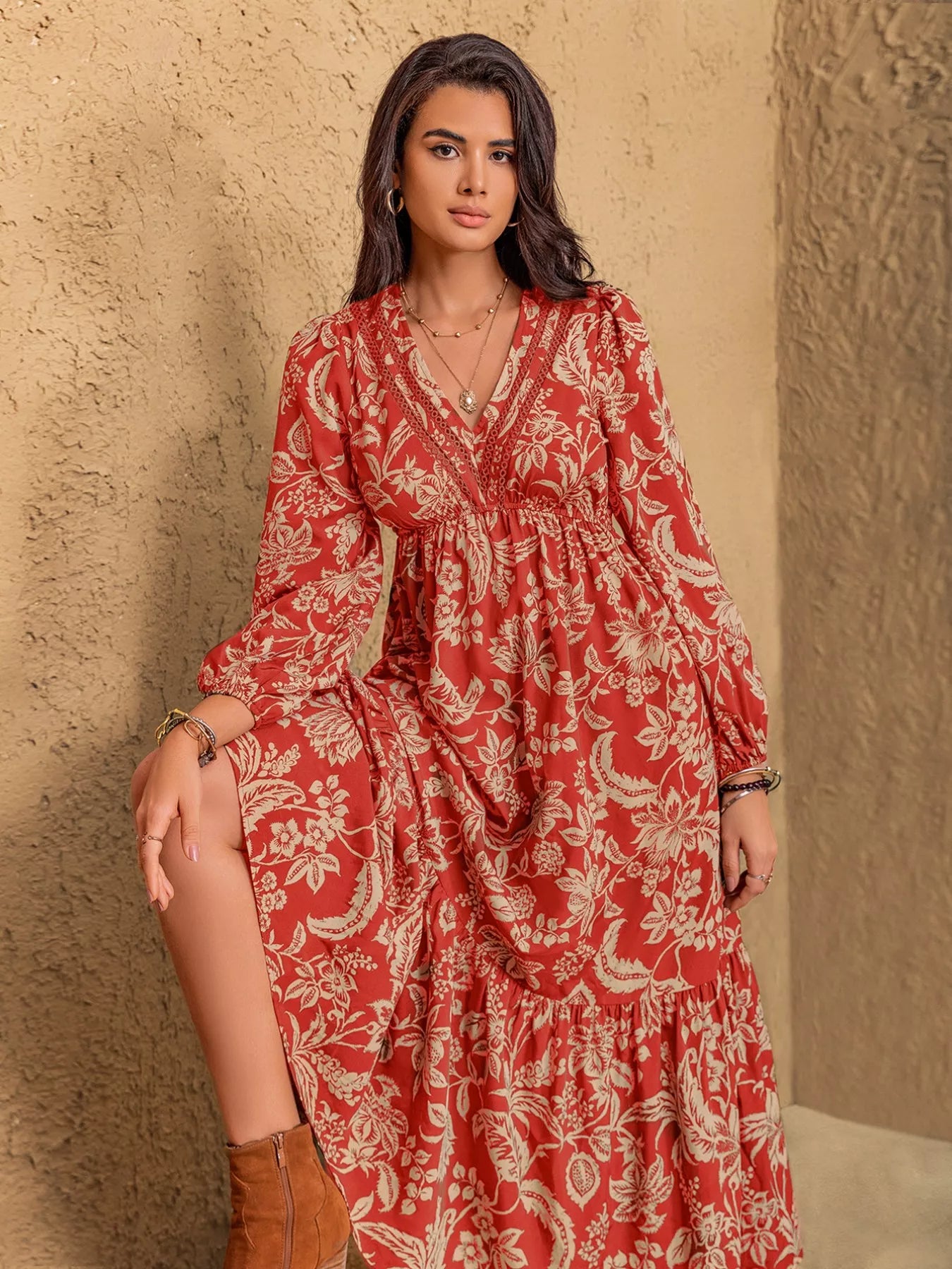 Boho Floral Print Long Sleeve Midi Dress OutfitFlow