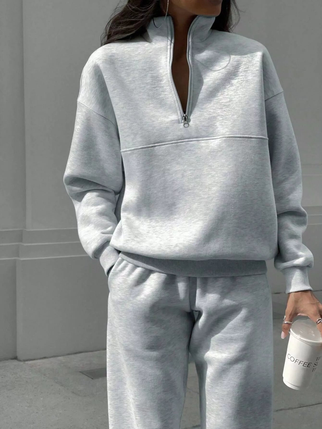 Half Zip Sweatshirt and Pants Set Light Gray OutfitFlow