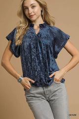 Umgee Crushed Velvet Pleated Blouse DENIM Trendsi
