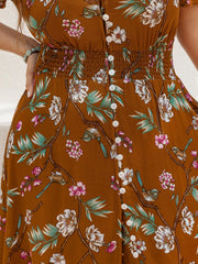 Plus Size Floral V-Neck Short Sleeve Dress OutfitFlow