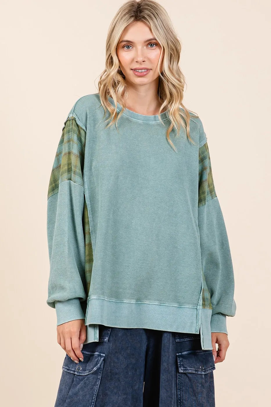 Mittoshop Plaid Panel Mineral Wash French Terry Sweatshirt OutfitFlow