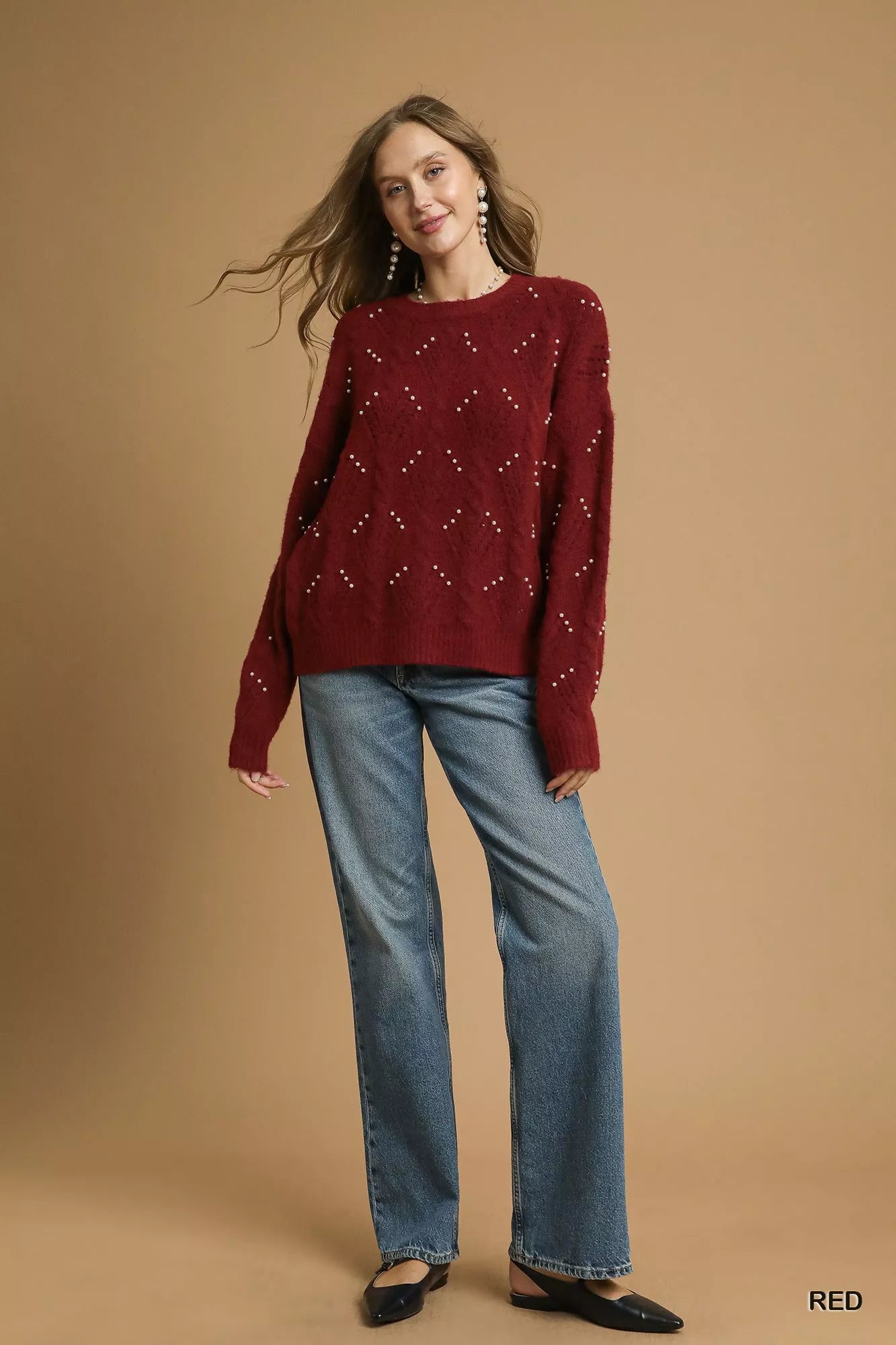 Umgee Pearl-Embellished Long Sleeve Sweater Trendsi