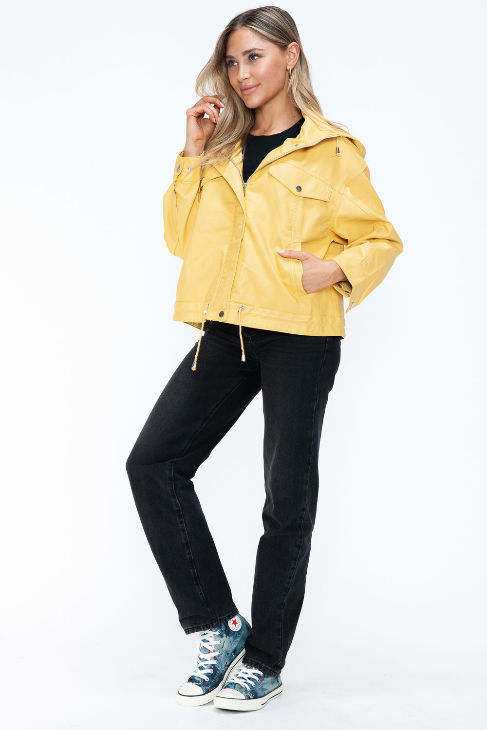 Outfit Flow - How Dare U Drawstring Hem PU Leather Zip Up Jacket