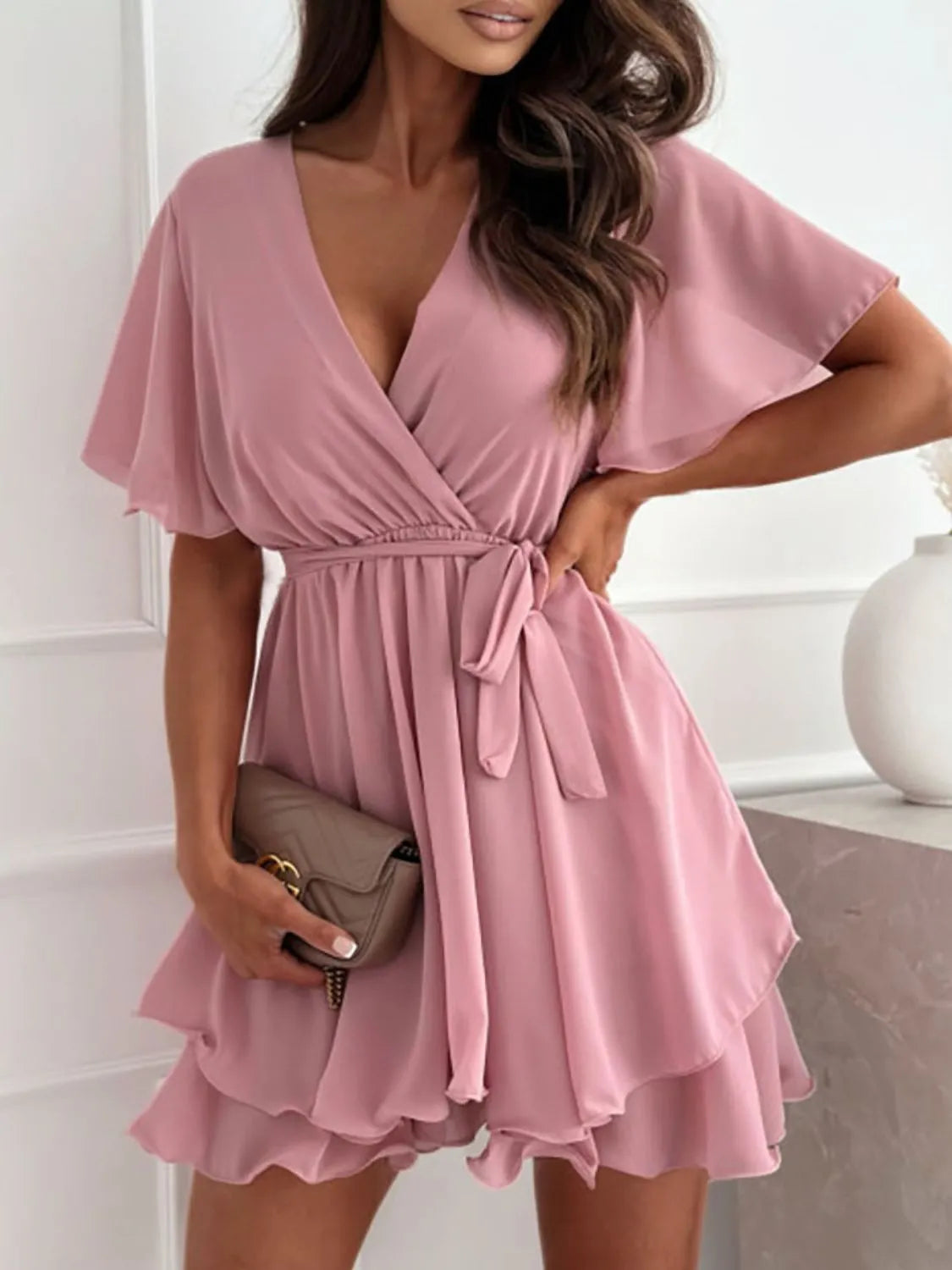 Surplice Flutter Sleeve Mini Dress Dusty Pink OutfitFlow
