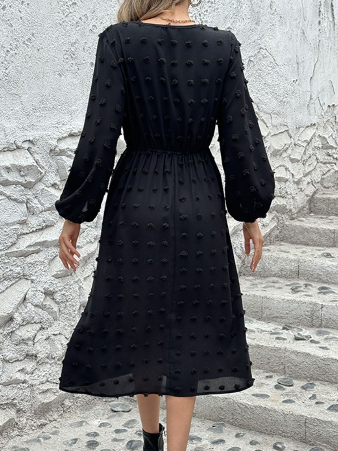 Outfit Flow - Full Size Swiss Dot V-Neck Long Sleeve Midi Dress