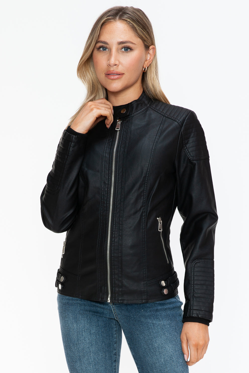 Outfit Flow - Snobbish Faux Leather Biker Jacket with Side Zip Pockets