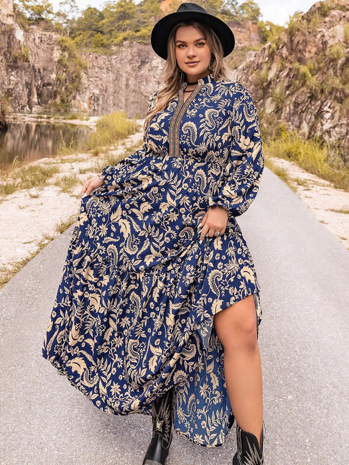 Plus Size Floral Print Long Sleeve Maxi Dress Trendsi