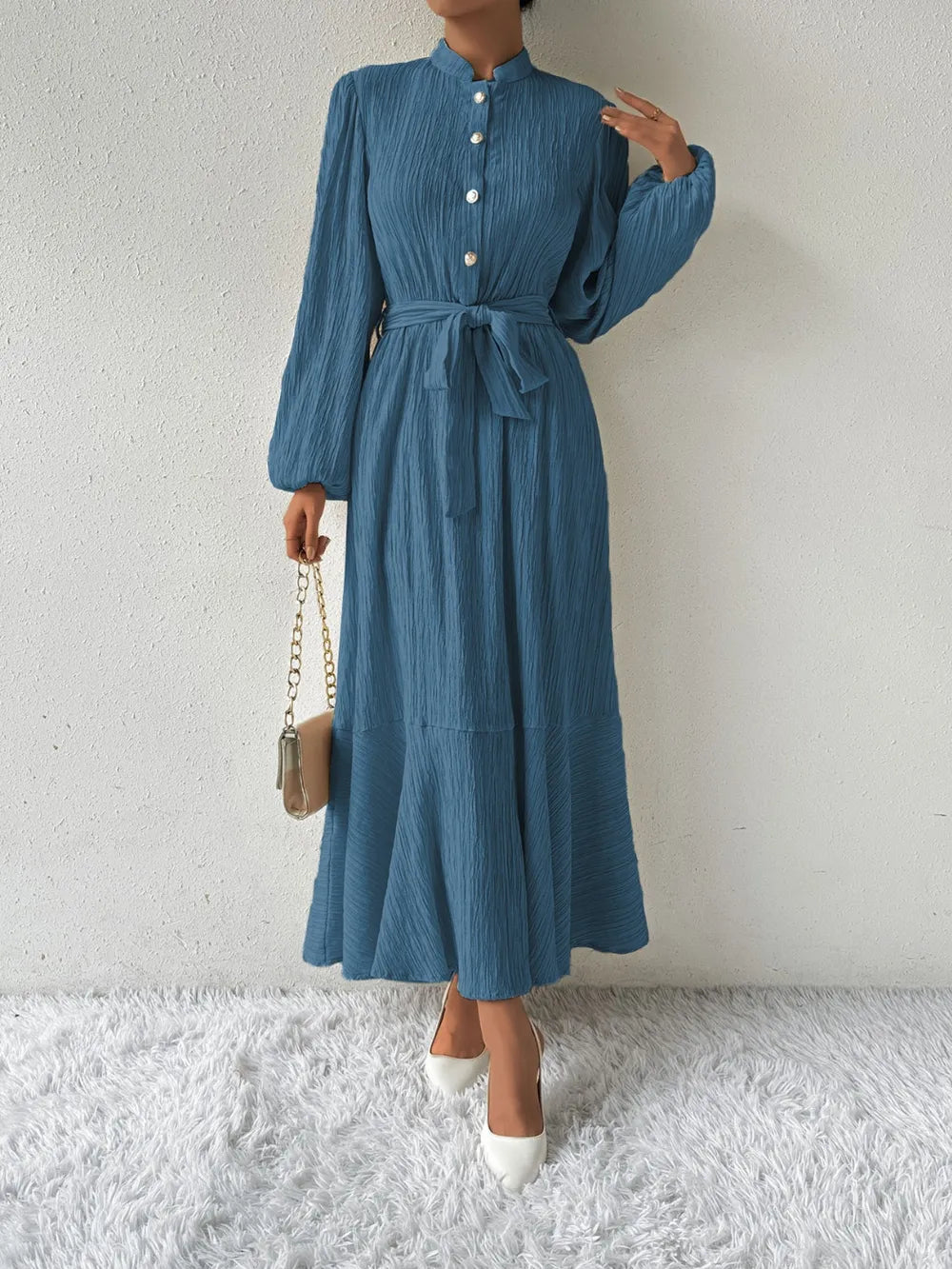 Honey Tie Waist Long Sleeve Dress Deep Teal OutfitFlow
