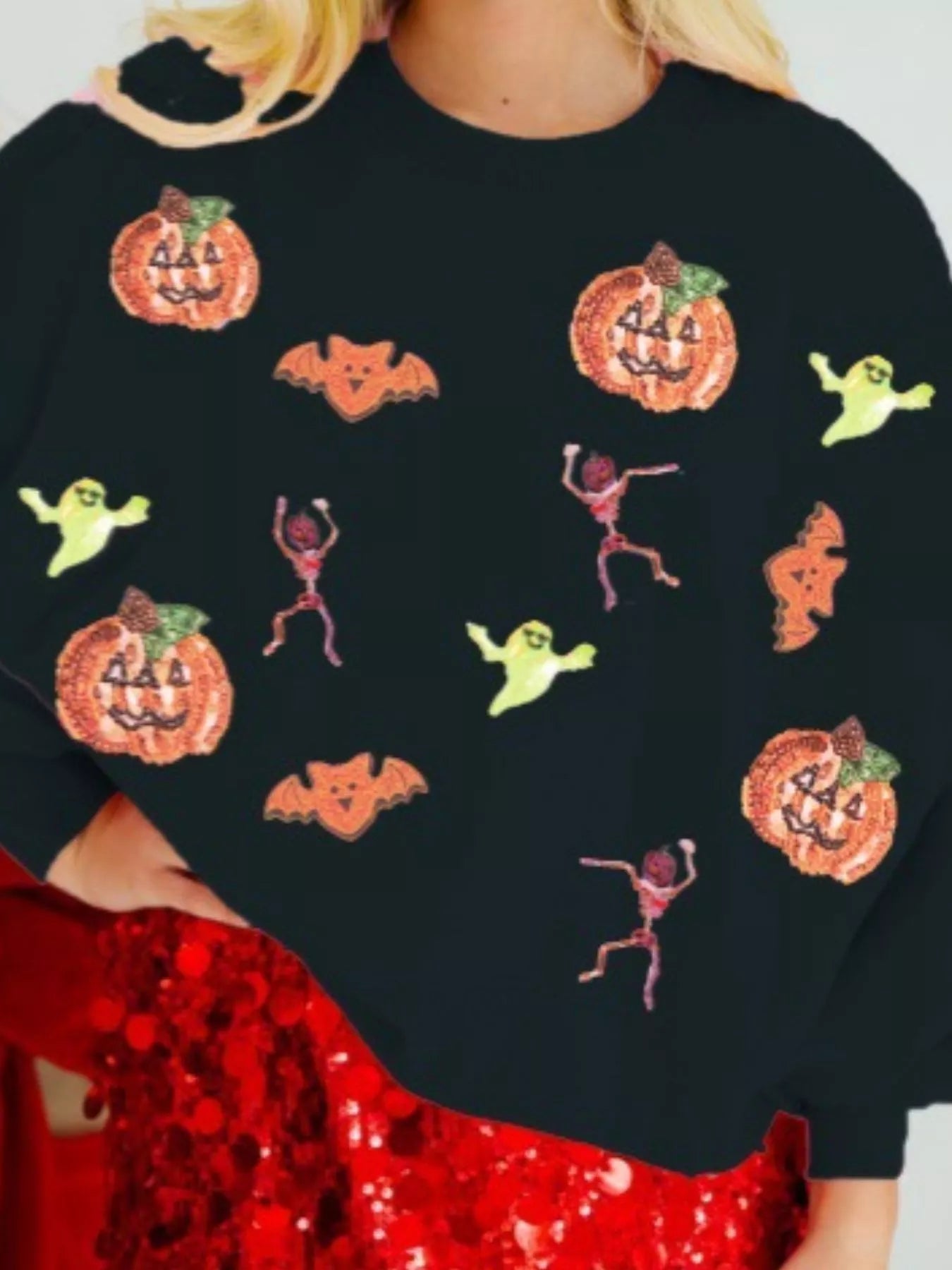 Halloween Sequin Round Neck Long Sleeve Sweatshirt Orange OutfitFlow
