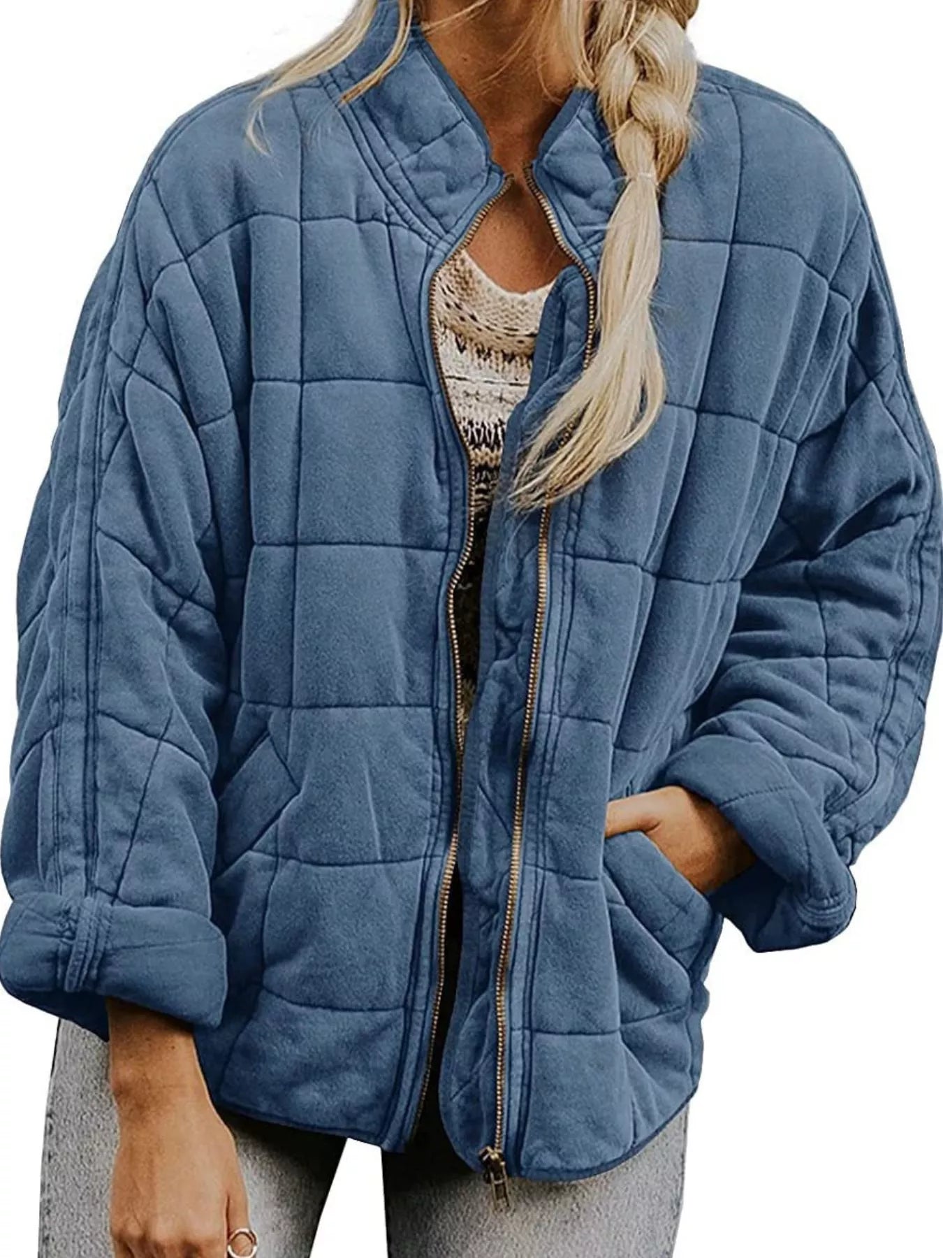 Full Size Zip Up Quilted Bomber Jacket Plus Size Gray Trendsi