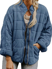 Full Size Zip Up Quilted Bomber Jacket Plus Size Gray Trendsi