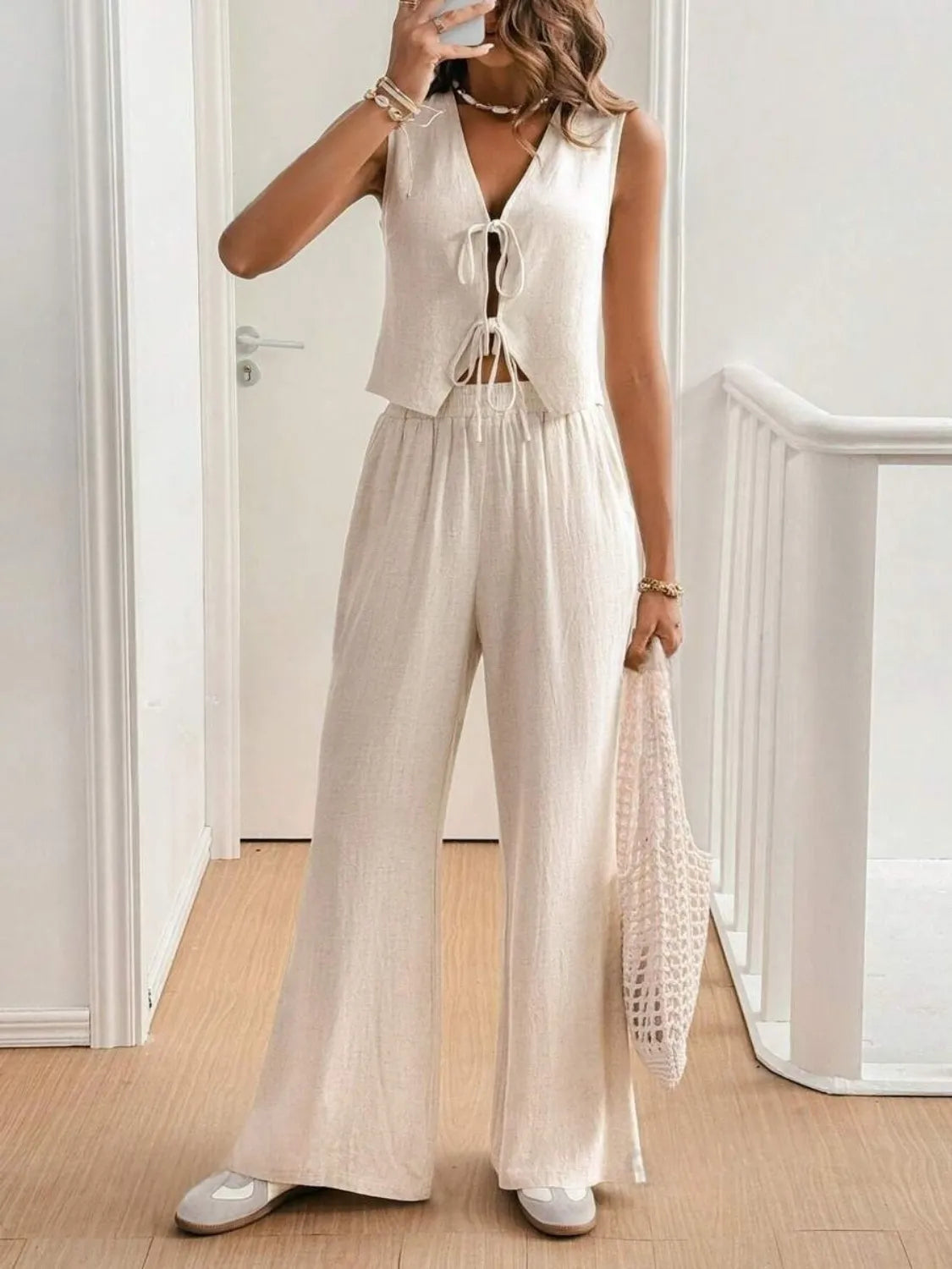 V Neck Sleeveless Top and Pants Set OutfitFlow
