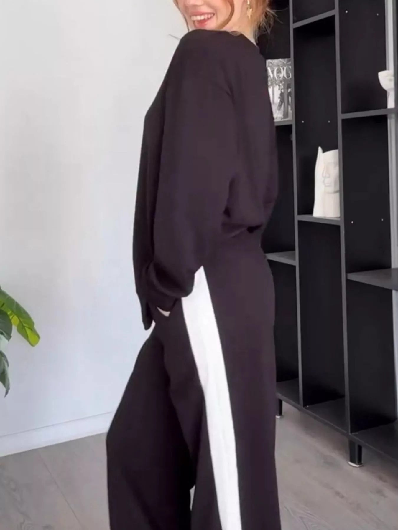Full Size Contrast Round Neck Top and Pants Set Plus Size OutfitFlow