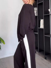 Full Size Contrast Round Neck Top and Pants Set Plus Size OutfitFlow