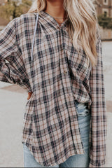 Outfit Flow - Drawstring Plaid Hooded Long Sleeve Shirt