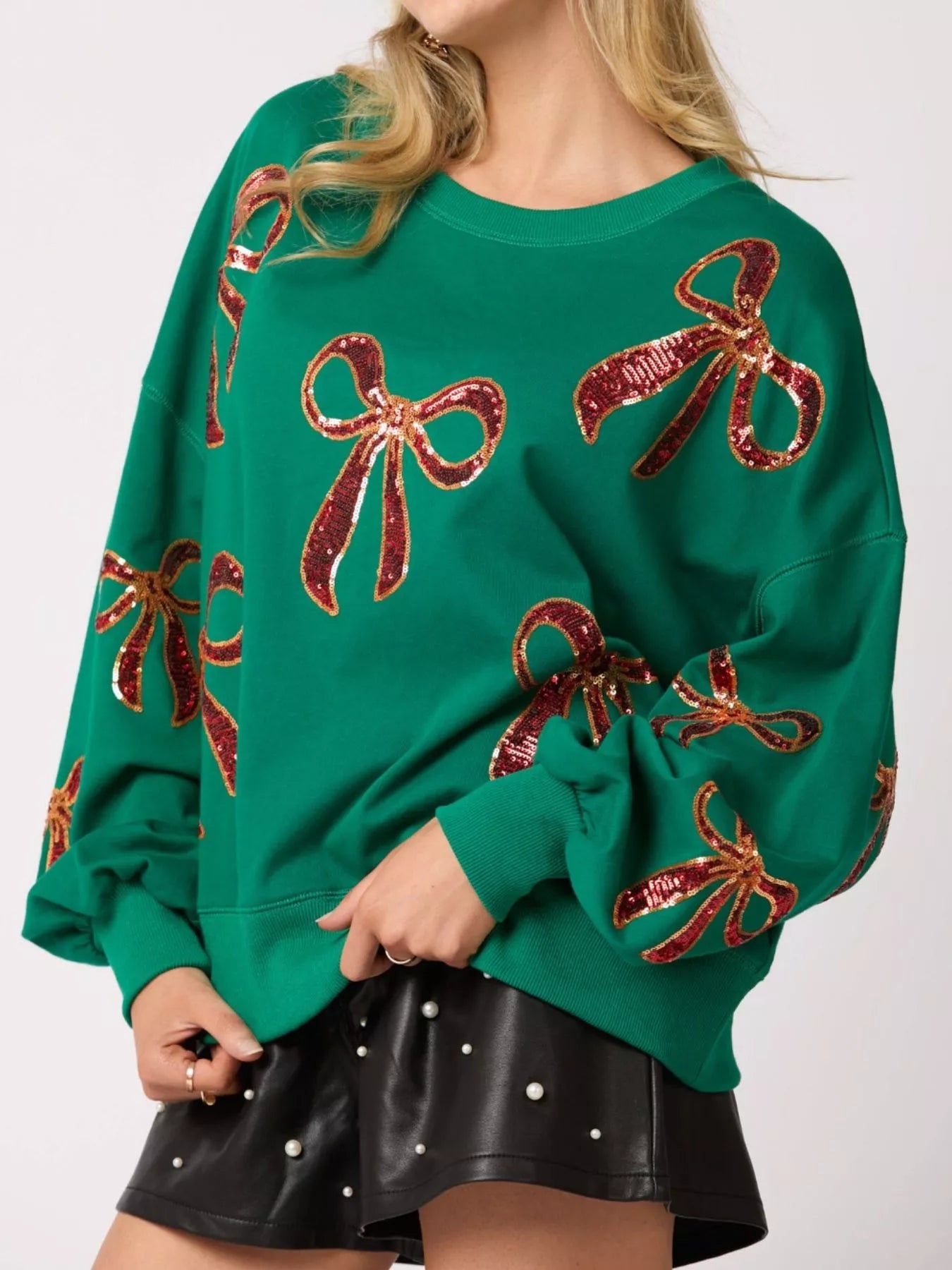 Christmas Sequin Bow Round Neck Sweatshirt OutfitFlow