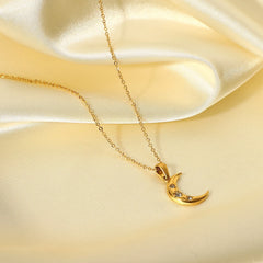 Crescent Moon Inlaid Zircon Pendant Necklace OutfitFlow