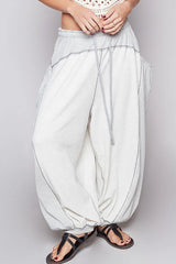 POL Contrast Stitching Pants with Drawstring Waist Light Gray OutfitFlow
