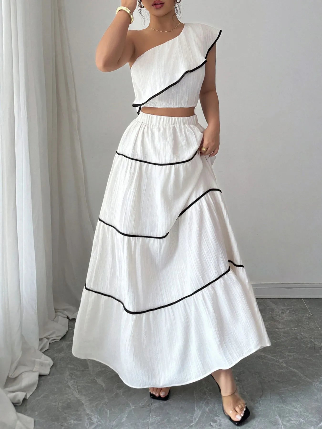 One-Shoulder Ruffle Top and Skirt Two-Piece Set Apricot OutfitFlow