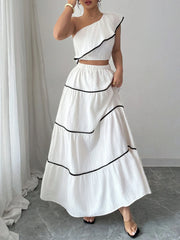 One-Shoulder Ruffle Top and Skirt Two-Piece Set Apricot OutfitFlow