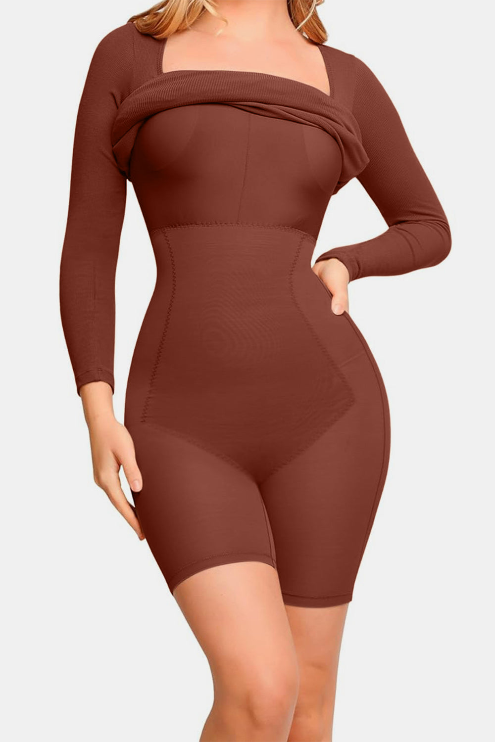 Outfit Flow - Basic Bae Full Size Built-In Shapewear Square Neck Long Sleeve Dress