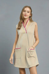 Umgee Frill Contrast Trim Sleeveless Mini Dress Tan OutfitFlow