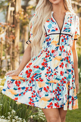 Floral Print Zipper Ruffled Short Sleeve High Waist Mini Dress OutfitFlow