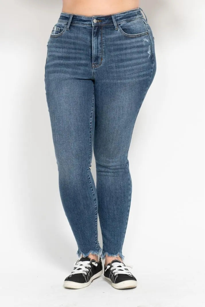Judy Blue Plus Size High Waist Skinny with Destroy & Shark Bit Hem OutfitFlow