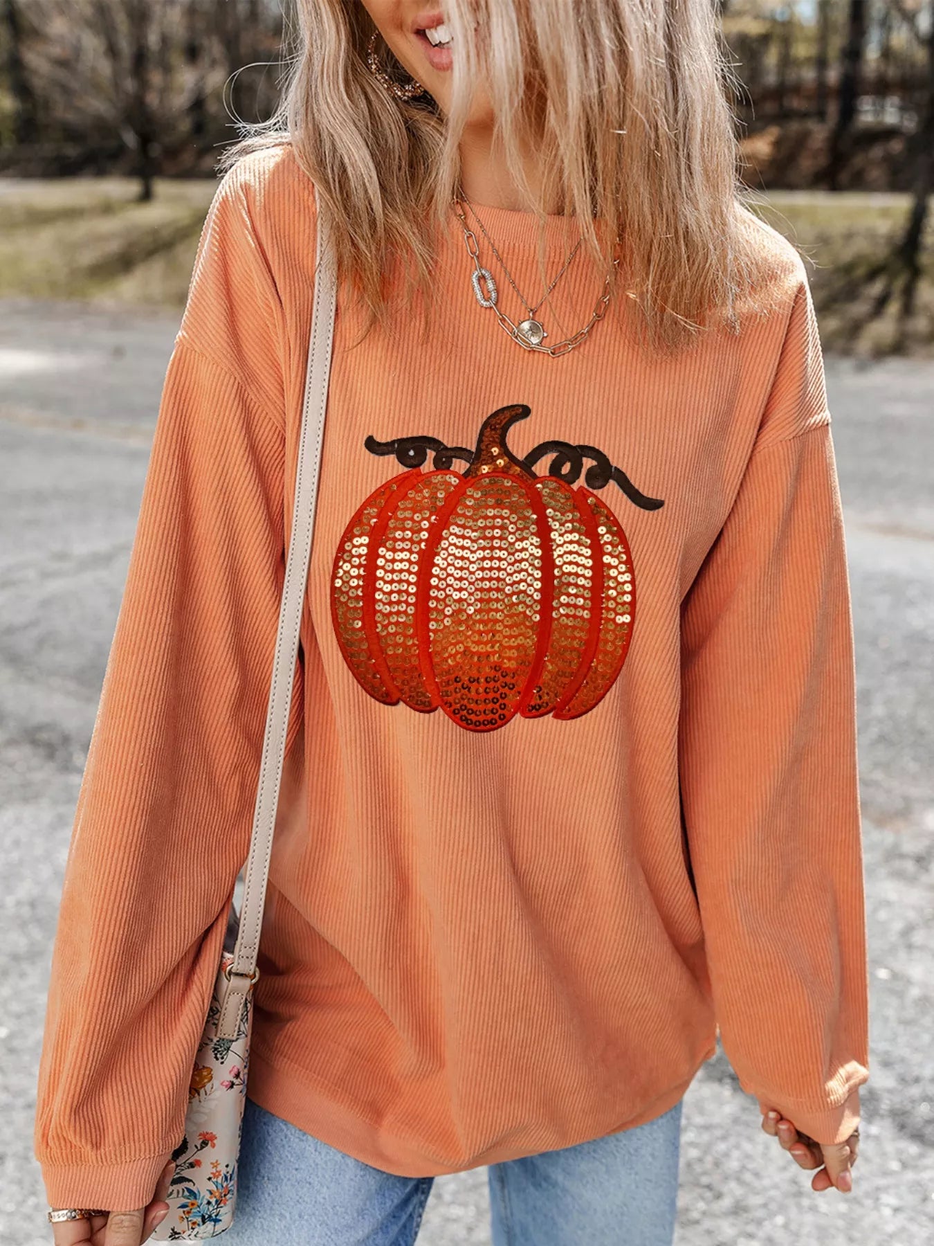 Halloween Sequined Pumpkin Ribbed Round Neck Sweatshirt OutfitFlow