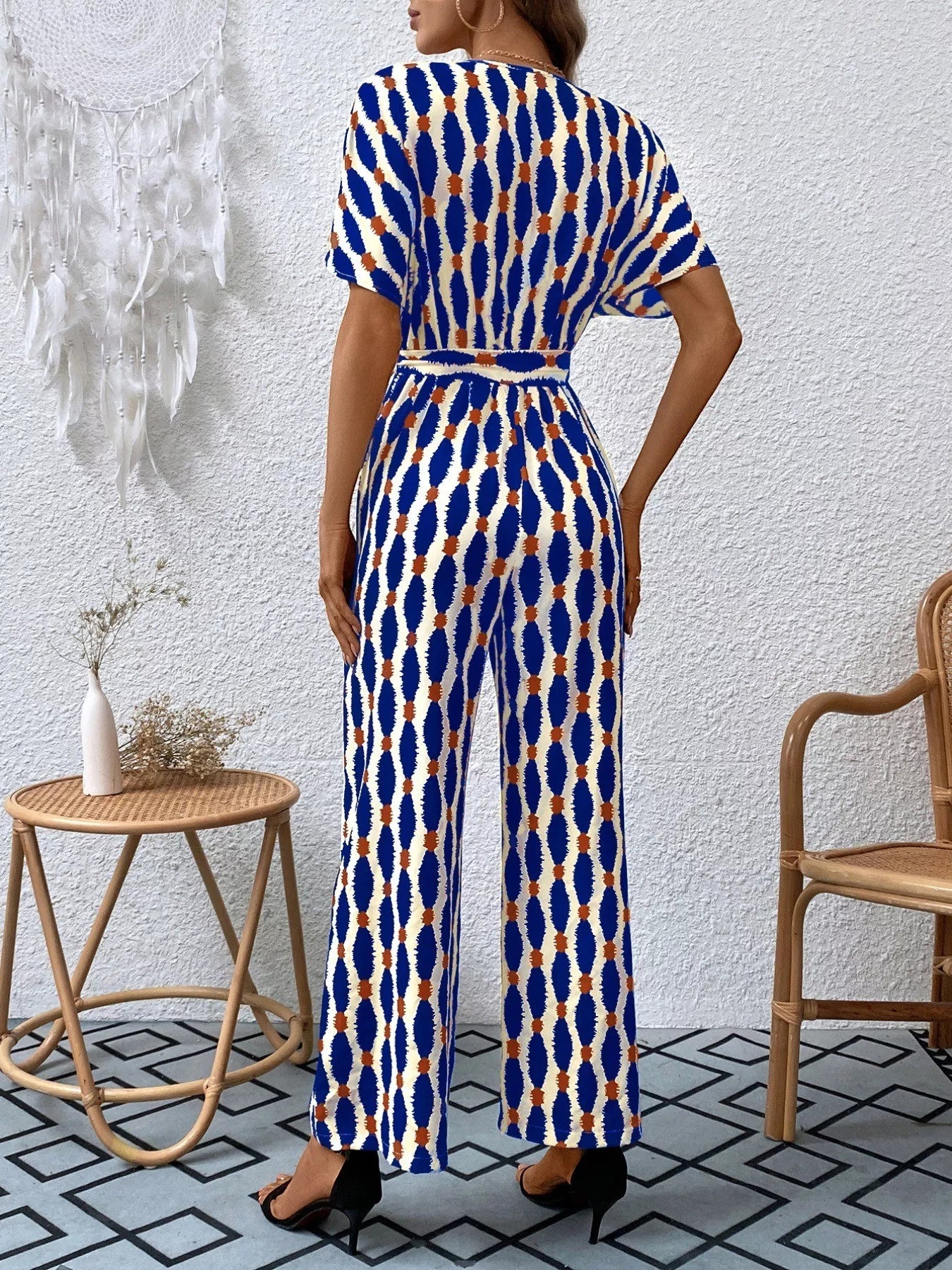 Printed Surplice Tie Waist Short Sleeve Jumpsuit OutfitFlow