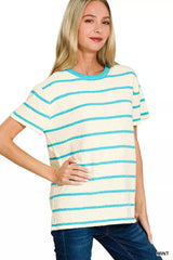 Zenana Textured Striped Crew Neck T-Shirt OutfitFlow