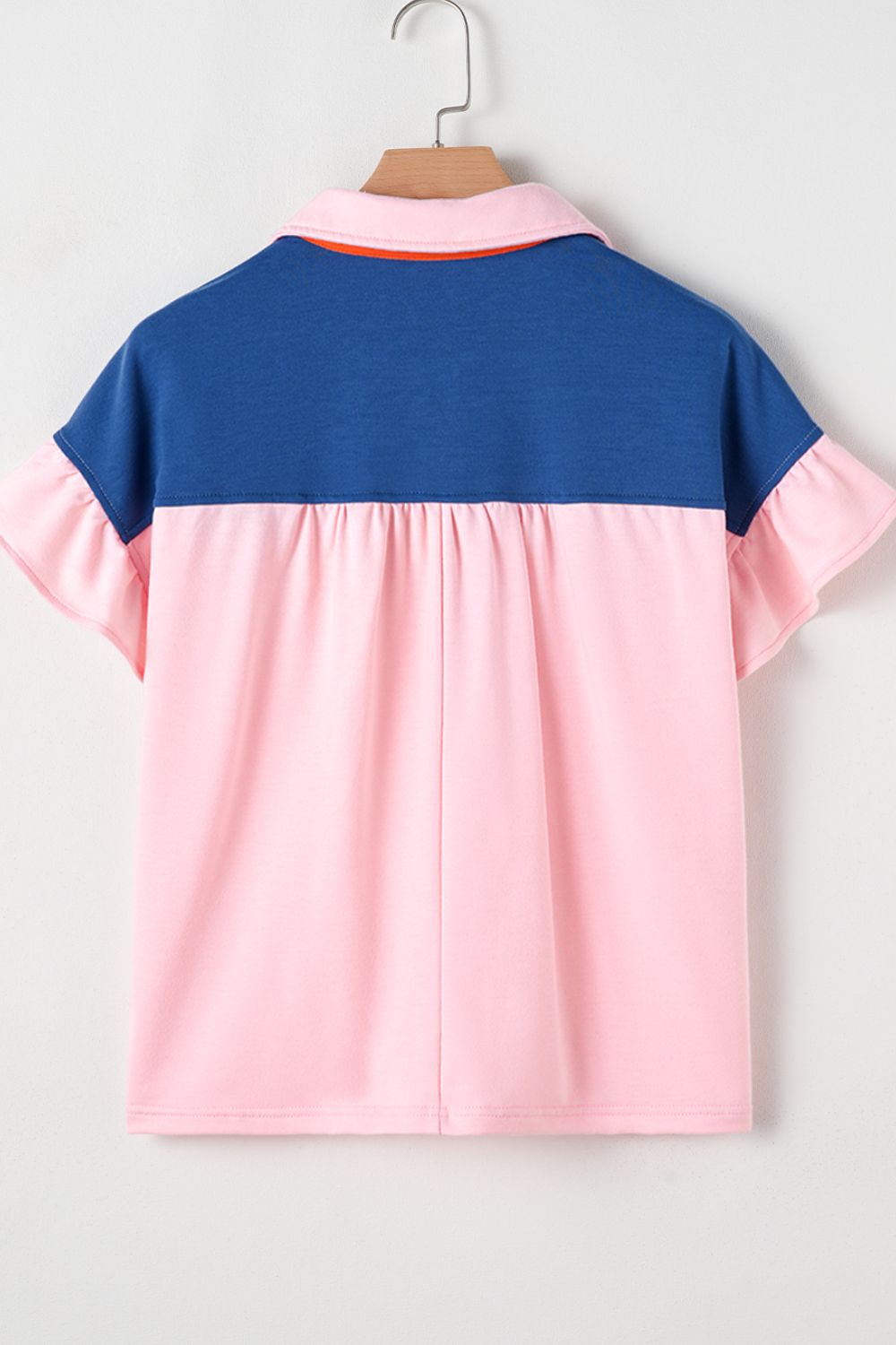 Color Block Half Buttoned Ruffled Short Sleeve T Shirt OutfitFlow