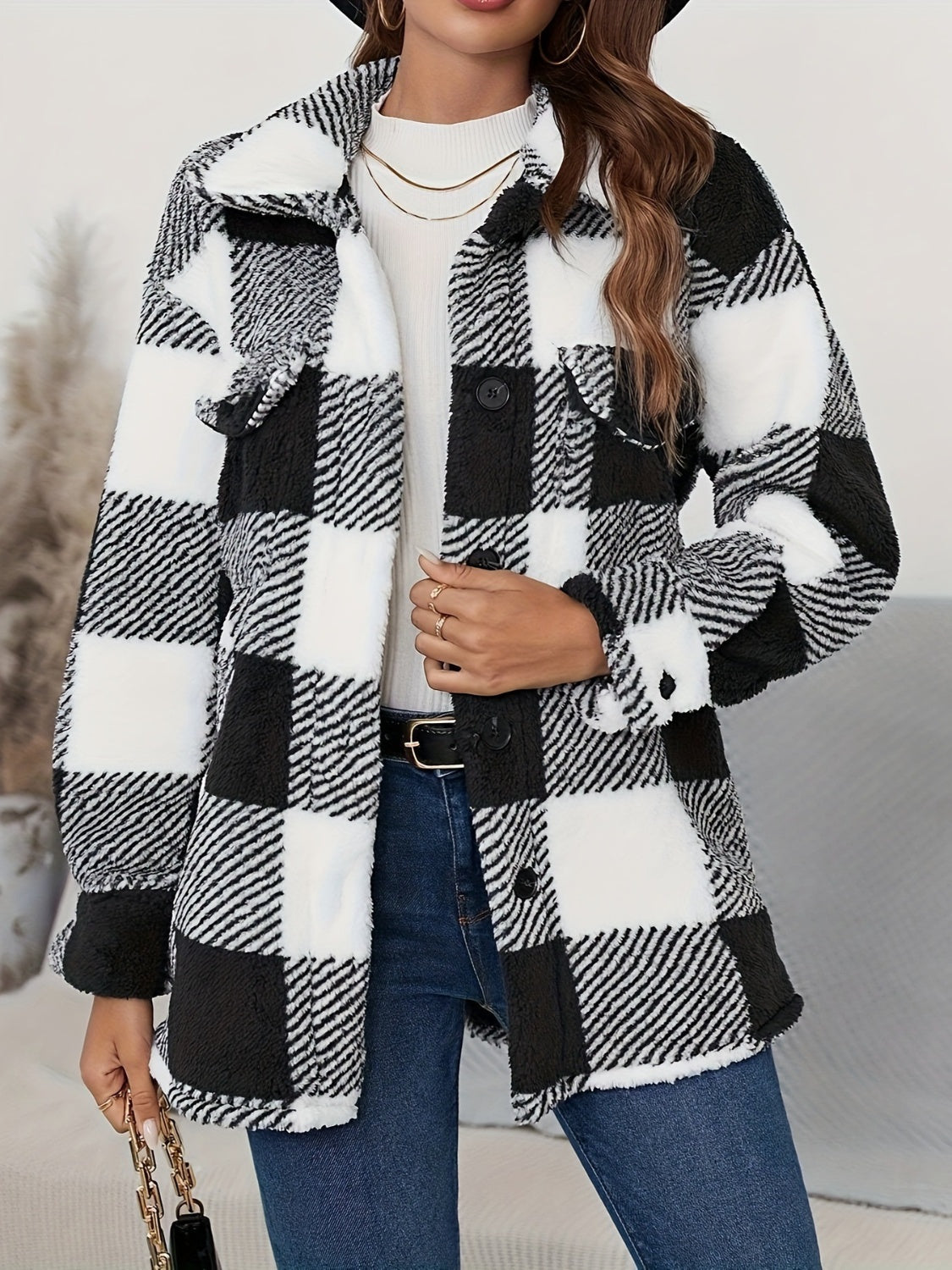 Outfit Flow - Plaid Button Up Long Sleeve Fuzzy Outerwear