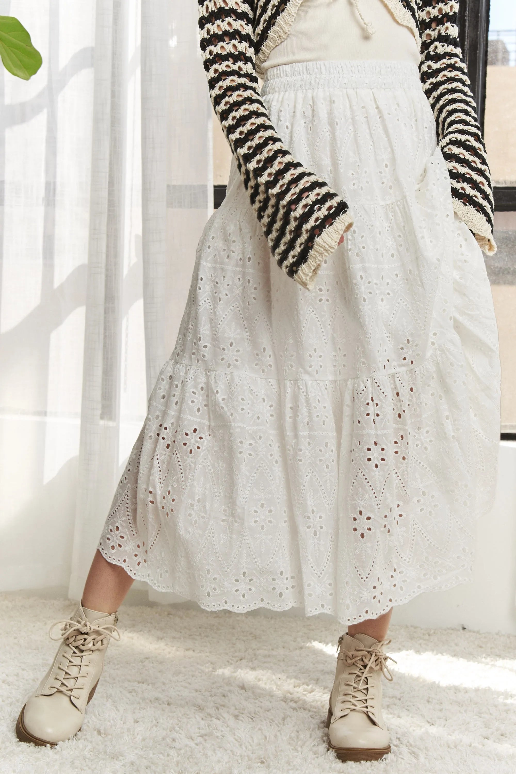 ADORA Elastic Waistband Tiered Midi Skirt OutfitFlow