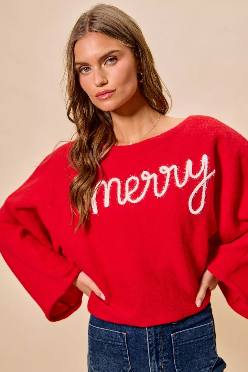 SO ME Merry Tinsel Lettering Christmas Sweater Top OutfitFlow