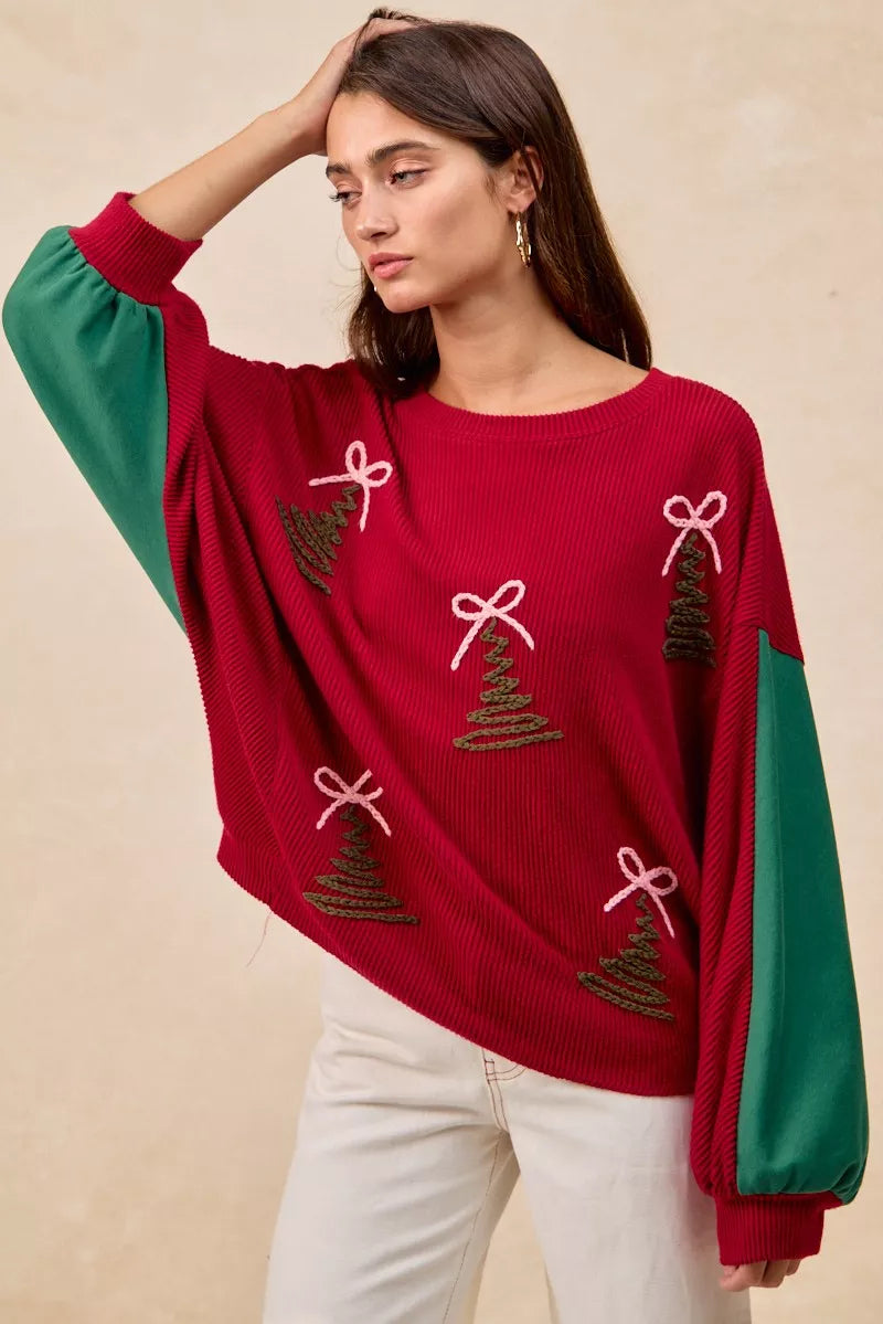 BiBi Christmas Theme Tree Embroidered Sweater OutfitFlow