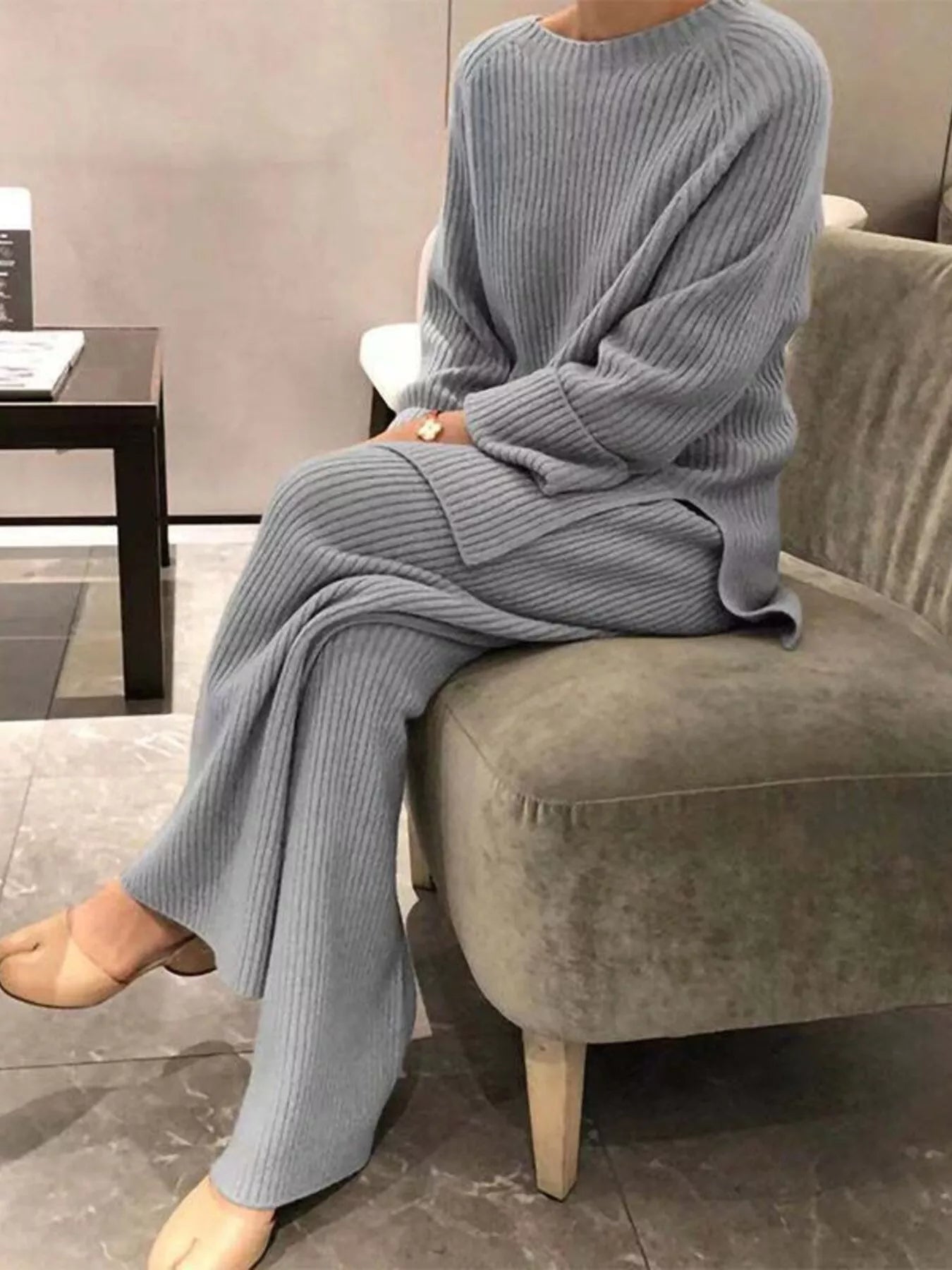 Full Size Ribbed Knit Relaxed Fit Top and Pants Sweater Set Plus Size Gray OutfitFlow