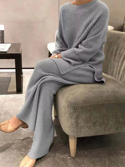 Full Size Ribbed Knit Relaxed Fit Top and Pants Sweater Set Plus Size Gray OutfitFlow