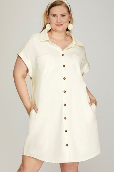 She + Sky Full Size Folded Cuff Button Down Washed Twill Shirt Dress Plus Size OutfitFlow