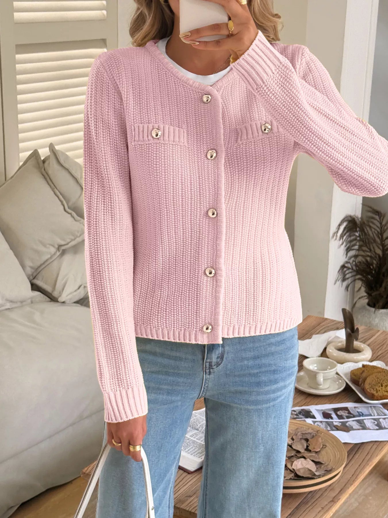 Button-Front Ribbed Long Sleeve Cardigan OutfitFlow