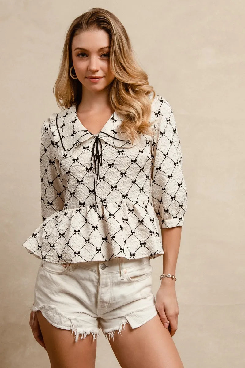 BiBi Bow Prints-patterns Ruffle Collar Details Peplum Top OutfitFlow