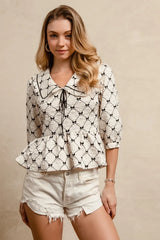 BiBi Bow Prints-patterns Ruffle Collar Details Peplum Top OutfitFlow