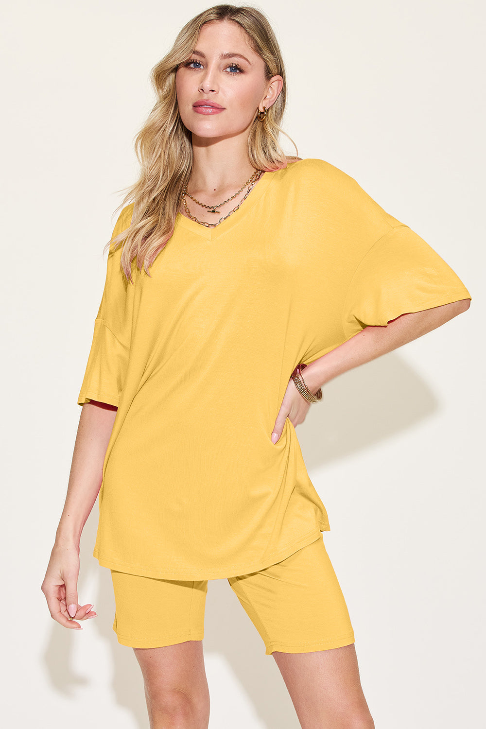 Basic Bae Bamboo Full Size V-Neck Drop Shoulder T-Shirt and Shorts Set Yellow OutfitFlow
