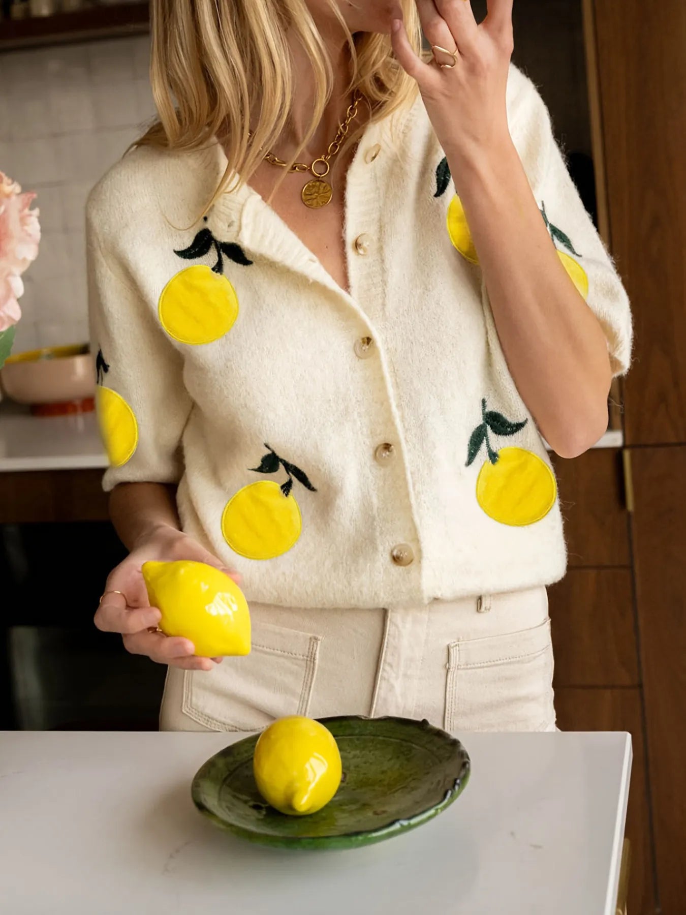 Lemon Button-Up Short Sleeve Cardigan OutfitFlow