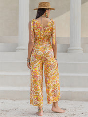 Printed V-Neck Tie Shoulder Jumpsuit