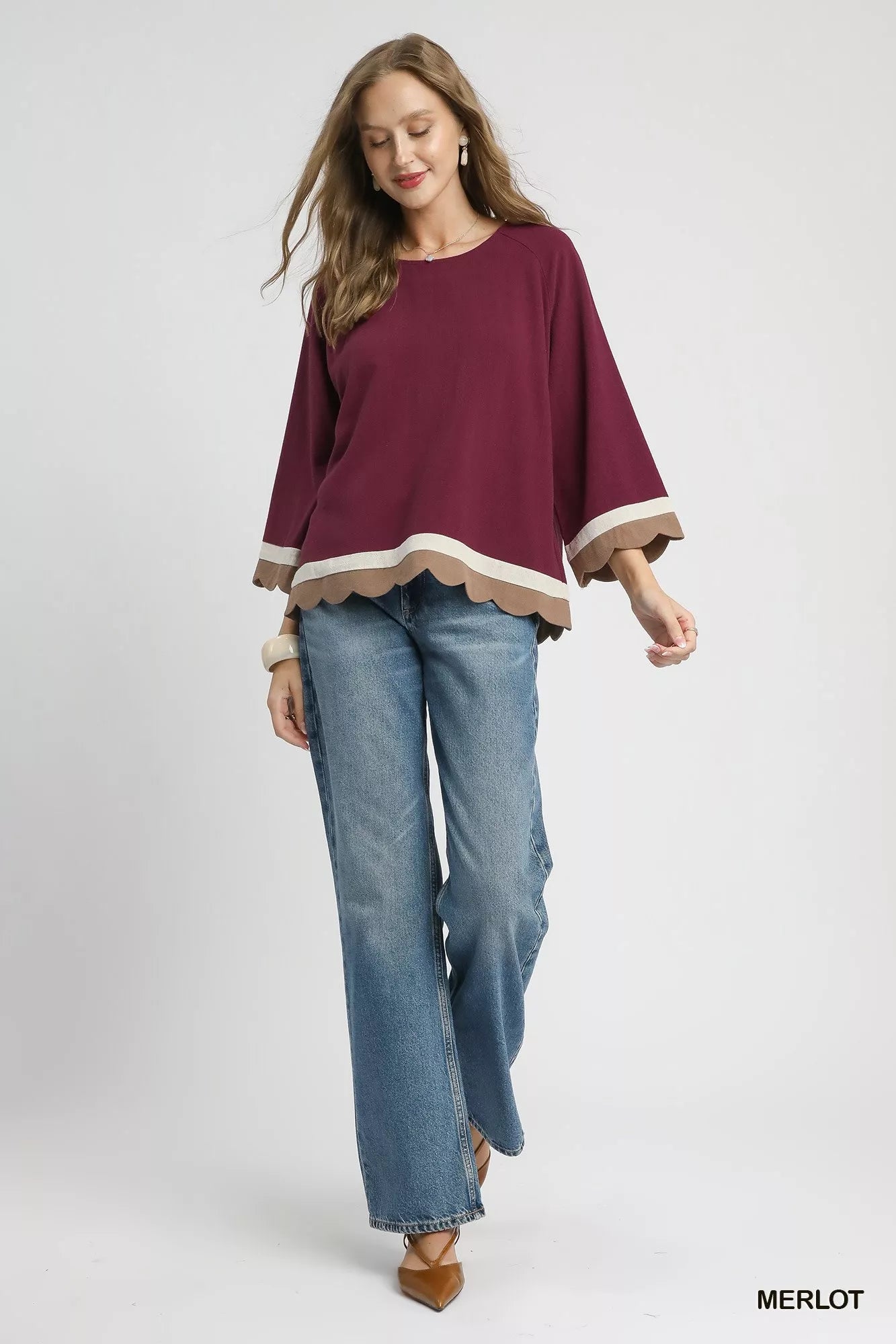 Umgee Scalloped Hem Color Block Top OutfitFlow